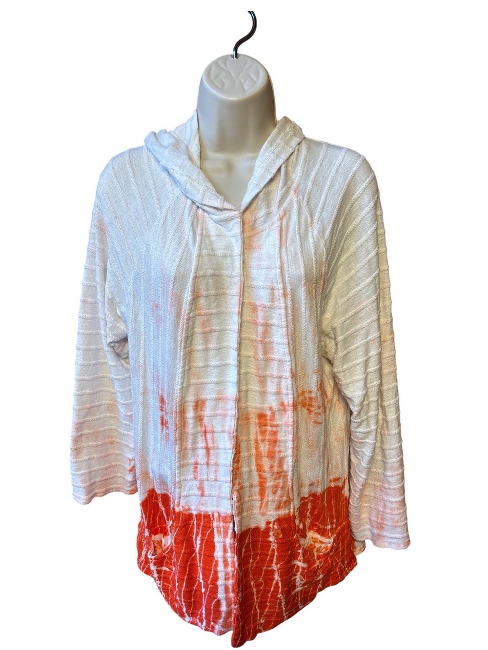 Chico's White and Orange Hooded Open-Front Cardigan